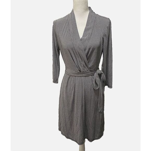 Liz Claiborne Women's XL Belted Wrap Dress Black White Geometric Square Print - Picture 1 of 9